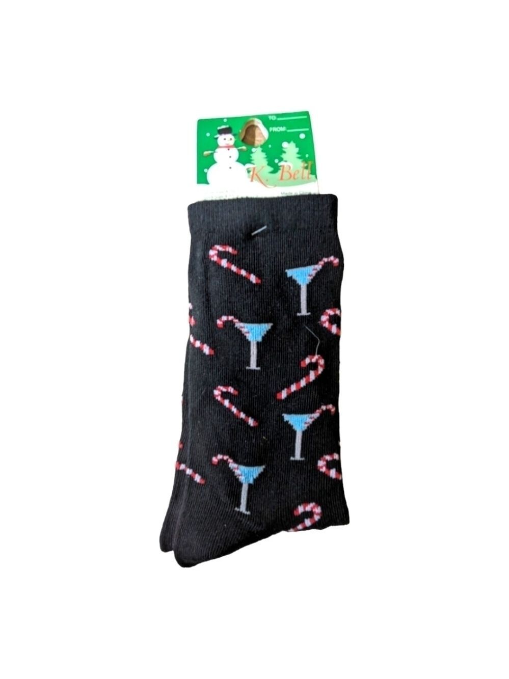 ⭐K. Bell Black Be Merry Martini Candy cane Socks